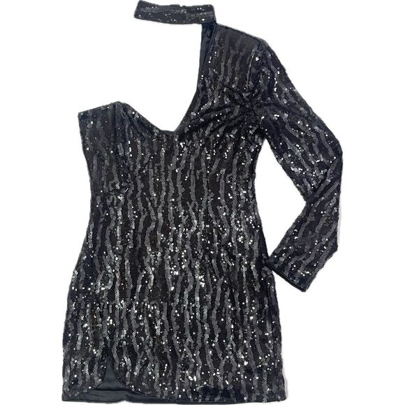 Michael Costello x Revolve Annie Mini Black Sequin Evening Cocktail Dress Size M - Picture 1 of 6